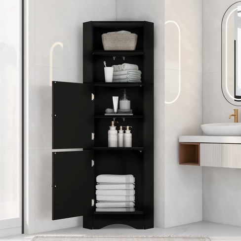 Bathroom Tall Corner Cabinet With 2 Doors Open Shelves Space Saving ...