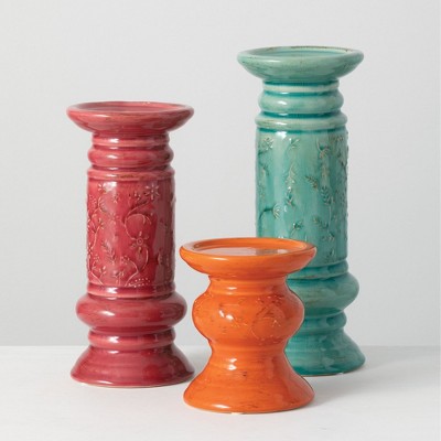 Sullivans Set of 3 Pillar Candle Holder 11.25"H, 9.5"H & 5.25"H Red, Orange & Blue