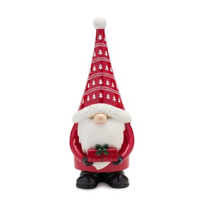 Nordic Red and Green Resin Gnome Figurines with Presents
