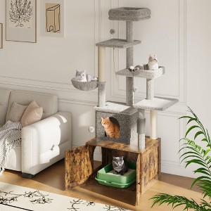 GustoWave Litter Box Enclosure with Cat Tree Tower and Condo, Hidden Pet Washroom Furniture with Sisal Scratching Post, Hammocks - 1 of 4