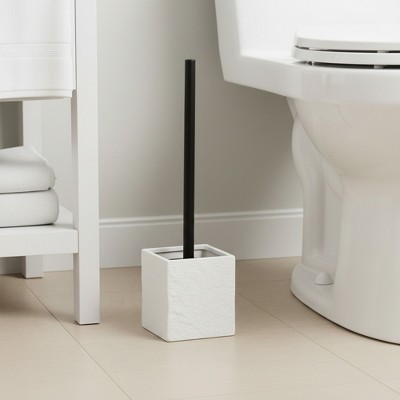 Evideco French Home Goods Modern Square Toilet Brush and Holder Set with Black Metallic Handle, Stone-Effect Design