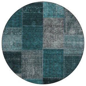 Teal Blue Aqua And Charcoal Patchwork Washable Indoor Outdoor Area Rug - 1 of 4