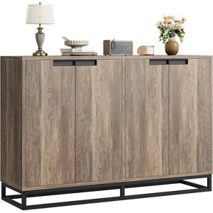 Gray 55 Inch Buffet Storage Cabinet with Four Doors Adjustable Shelves and Black Metal Handles Modern Farmhouse Style Gray - 1 of 4