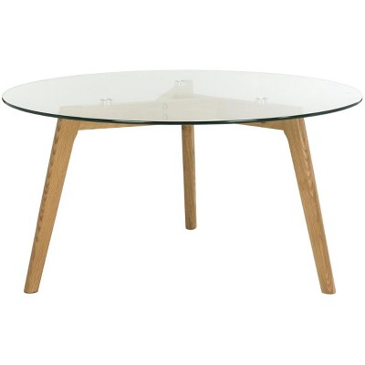 Marjoram Round Glass Coffee Table - Clear/Oak - Safavieh