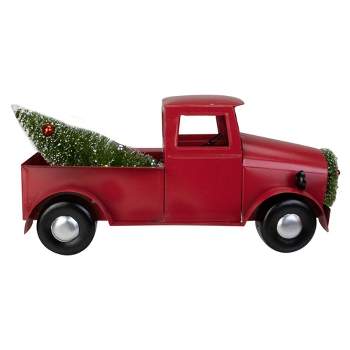Northlight 13.25" Red Iron Truck with Green Frosted Tree and Wreath Christmas Tabletop Decoration