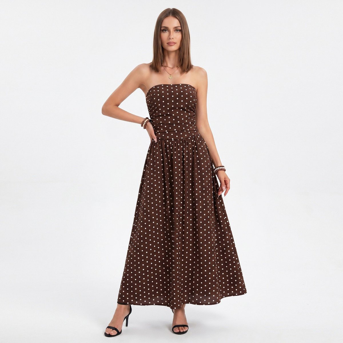 Женские платья Anna-Kaci Women's Polka Dot Strapless Maxi Dress with Ruched Bodice and Full Skirt - Small, Coffee — фото 2