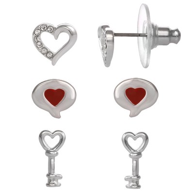 FAO Schwarz Heart & Key Trio Stud Earring Set