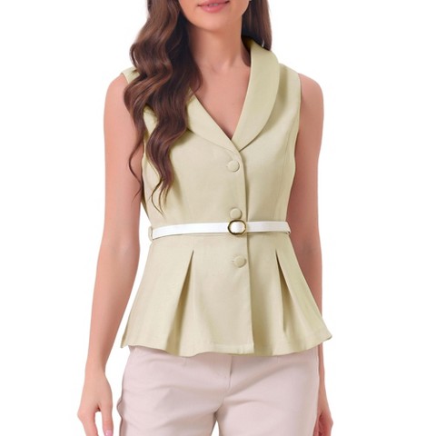 Allegra K Women's Office Lapel Collar Button Down Belted Sleeveless Blazer Vest Beige Large