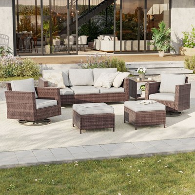 Sonkuki 6-Piece Patio Conversation Set with Swivel Rocking Chair and Side Table, Navy Blue Cushion