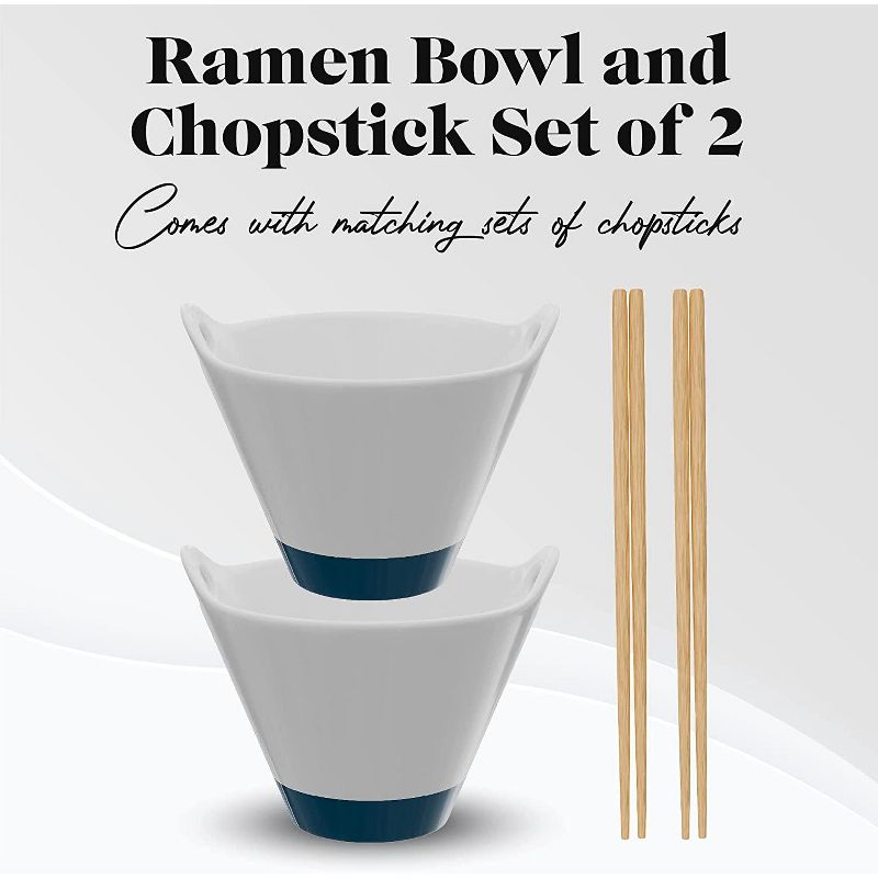 American Atelier Stoneware Ramen Bowl w/ Chopsticks, Set of 2, Udon Noodle Handled Bowls, 25 Oz Miso Soup Bowl, Handles/Chopstick Rest, White & Blue, 2 of 8