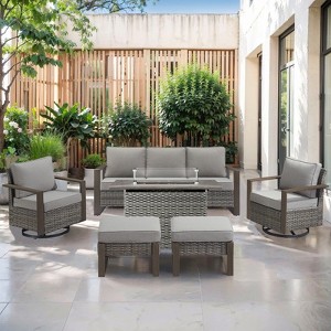 4 Pieces Patio Furniture Set with 41" Propane Fire Pit Table, Deep Seating Wicker Sofa Couch with Swivel Glider Chairs Set Patio Conversation Set - 1 of 4