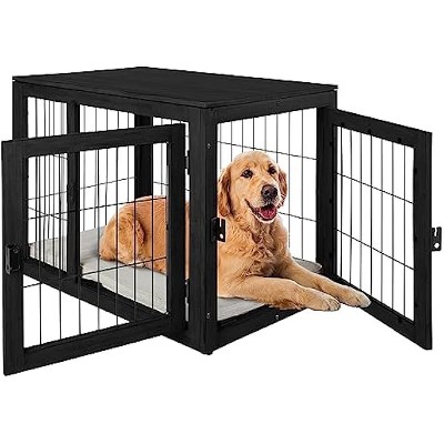 Furniture-Style Dog Crate - Acacia Wood Kennel for Large Dogs with Double Doors and Cushion - Dog Kennel Furniture by PETMAKER (Black)