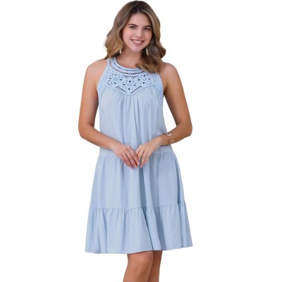 INSPIRE CHIC Women's Summer Halter Sleeveless Hollow Out Tiered A-Line Mini Dress