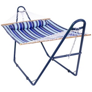 Sunnydaze Outdoor 2-Person Double Polyester Quilted Hammock with Wood Spreader Bar and Matte Blue Steel Multi-Use Stand - Catalina Beach - 1 of 4