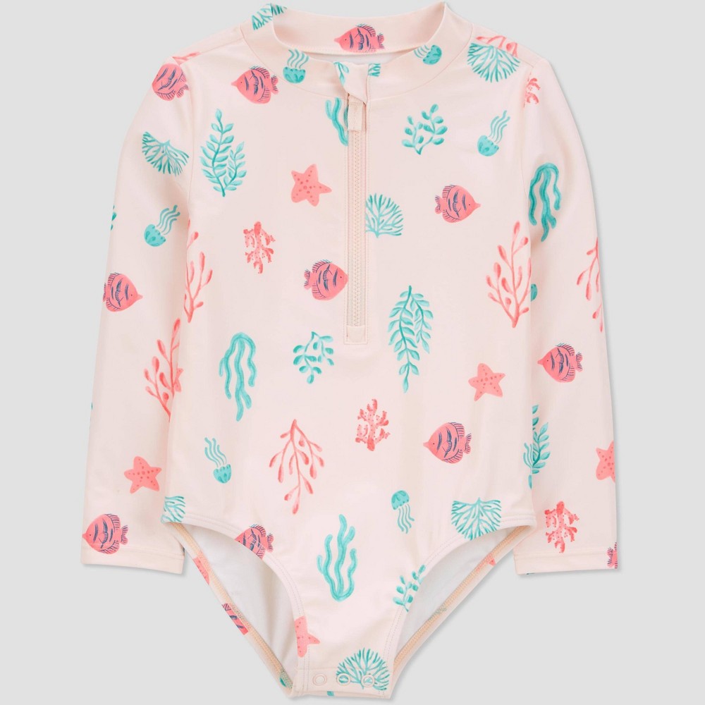 Carter's Just One You®️ Baby Girls' Long Sleeve Starfish and Fish Printed One Piece Rash Guard - Pink 12M: UPF 50+, Highneck