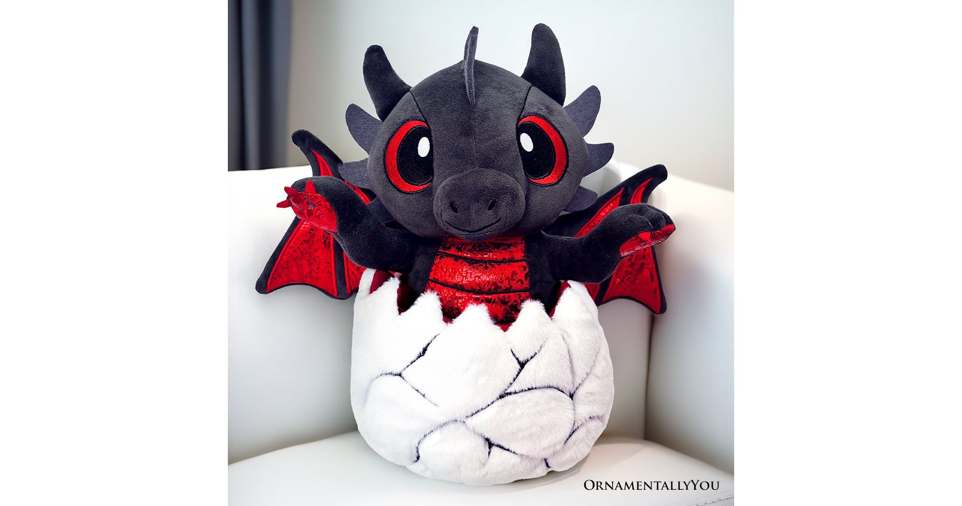 Drogo the Dino in an Egg Plushie, 12" Black and Red Dinosaur Stuffed Animal Gift| OrnamentallyYou