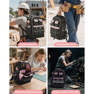 VEVOR Tool Backpack, 56 Pockets, Heavy-duty Tools Storage Organizer Work Bags with Laptop Compartment & Molded Base, Black+Pink — фото 7