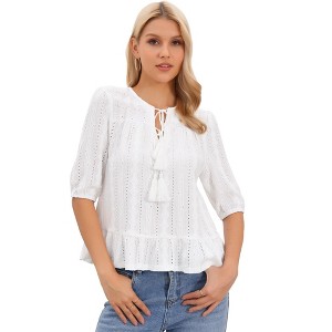 INSPIRE CHIC Women's Boho Tie Neck Eyelet Embroidery Half Sleeves Ruffle Hem Fall Peplum Blouse - 1 of 4