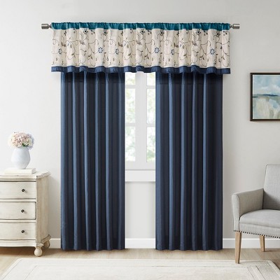 Elegant Floral Embroidered Window Panel, All Season Textured Light Filtering Curtain fits Various Room Decor, Navy, 50x84"