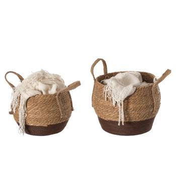 Vintiquewise Straw Decorative Round Storage Basket Set of 2 with Woven Handles for the Playroom, Bedroom, and Living Room