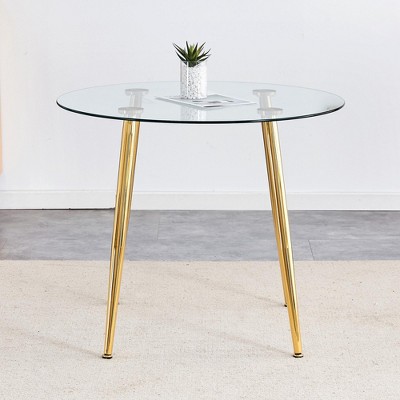 Vynxaria 36" Round Dining Table with Glass Top, Gold Metal Legs, Exquisite Texture for Home