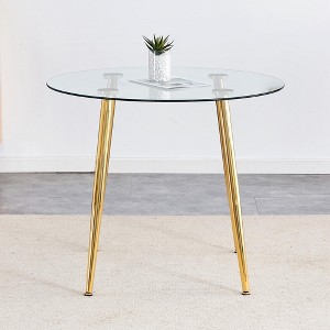 Vynxaria 36" Round Dining Table with Glass Top, Gold Metal Legs, Exquisite Texture for Home - 1 of 4