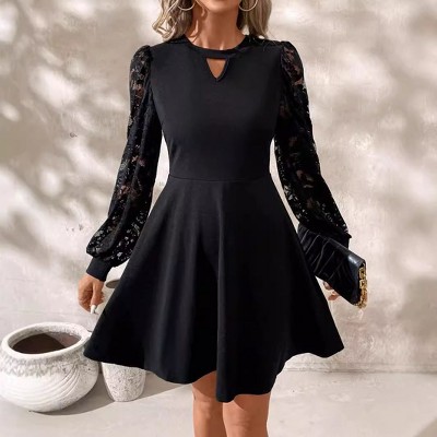 Coolmee Women's Cocktail Dresses Wedding Guest Party Crew Neck Short A Line Dress with Lace Sleeves