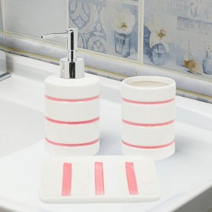 Home Mart Goods White Pink Striped Dolomite Bathroom Accessories Set - Soap Dispenser, Soap Dish & Tumbler - 1 of 4