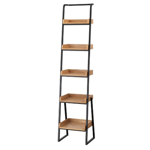 Modern Solid Wood 5-Tier Shelf Ladder Bookcase in Walnut