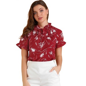 INSPIRE CHIC Women's Floral Tie Neck Ruffle Short Sleeves Peasant Blouse Top Medium Red - 1 of 4