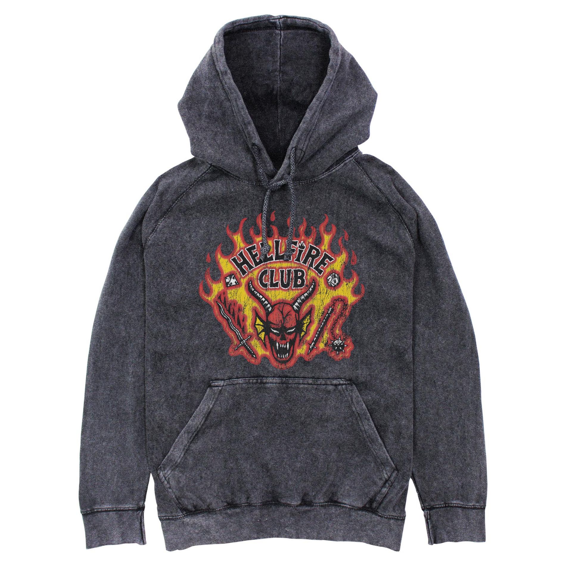 Mens Stranger Things Distressed Hellfire Club Flame Instruments Lightweight Hoodie