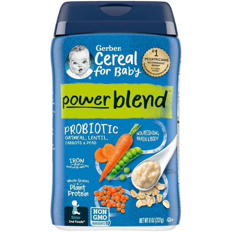 Gerber PowerBlend Probiotic Cereal Oatmeal Lentil Carrot Pea Baby Cereal - 8oz, 1 of 10