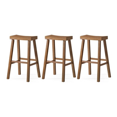 Maven Lane Vincent Backless Rectangular Saddle Kitchen Stool with Rustic Wood Top Seat, Set of 3