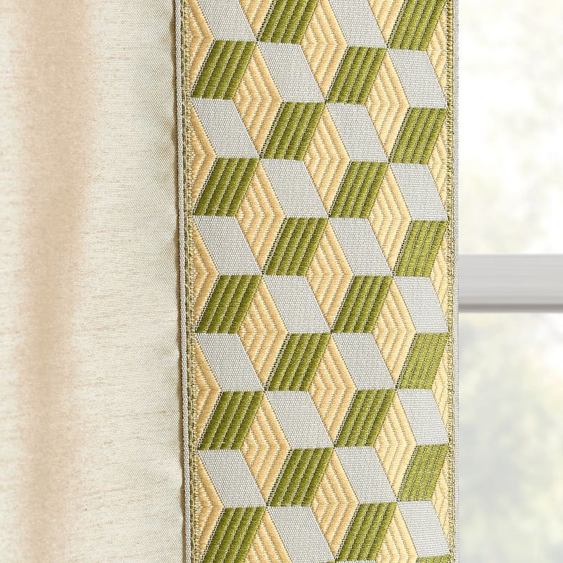 Luxury Mid Century Geo Faux Silk Jacquard Border Window Curtain Panel Wheat/Green Single 52x84, 4 of 7