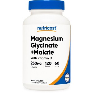 Nutricost Magnesium Glycinate + Malate (250mg) 120 Capsules - High Absorption, With Vitamin D, Vegan, Gluten-Free, GMO-Free, 60 Servings - 1 of 4