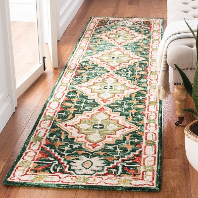 Handmade Rustic-Chic Red and Green Wool Runner Rug 2'3" x 9'