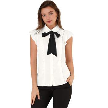 Allegra K Women's Ruffles Cap Sleeve Tops Tie Neck Button Up Peter Pan Collar Blouse Shirts