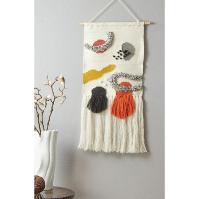 Abstract Multicolor Wool Woven Wall Hanging with Wooden Bar