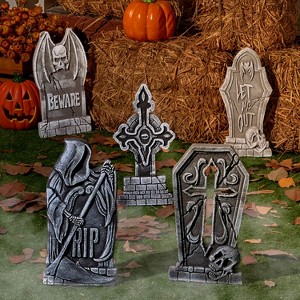 Joyfy 5pcs 17" Halloween Foam Tombstones Decoration, Halloween Graveyard Headstone Prop Cemetery Decoration with 12 Metal Stakes, Outdoor Yard Lawn - 1 of 4