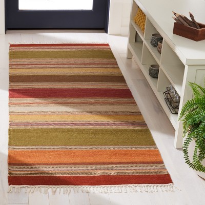 Handmade Red and Green Striped Wool Runner Rug