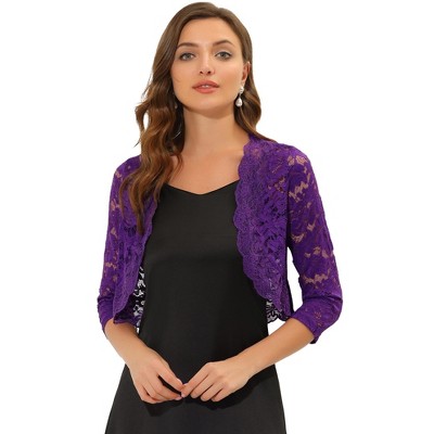 Allegra K Women's Elegant 3/4 Sleeve Sheer Floral Lace Shrug Violet ...