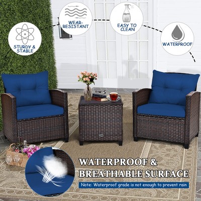 3-Piece Blue Cushioned Rattan Conversation Set with Brown Frame