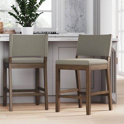 Linus Light Gray Upholstered Counter Height Bar Stools with Dark Brown Wood Legs, Set of 2