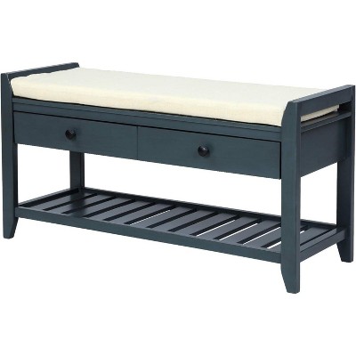 Acekool 35.4" Farmhouse Storage Bench with Cushion, 2-Tier Entryway Bench with Shelf & 2 Drawers for Bedroom, Hallway, Living Room, Antique Navy