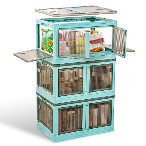 3Pcs Foldable Storage Bins with Lid Front Magnetic Door Collapsible Stackable Closet Organizer Containers with 4Pcs 360° Rotatable Wheels