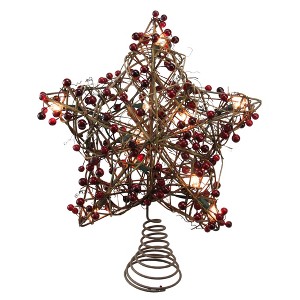 Northlight 13.5" Brown Rattan with Red Berries Star Christmas Tree Topper - Clear Lights - 1 of 3
