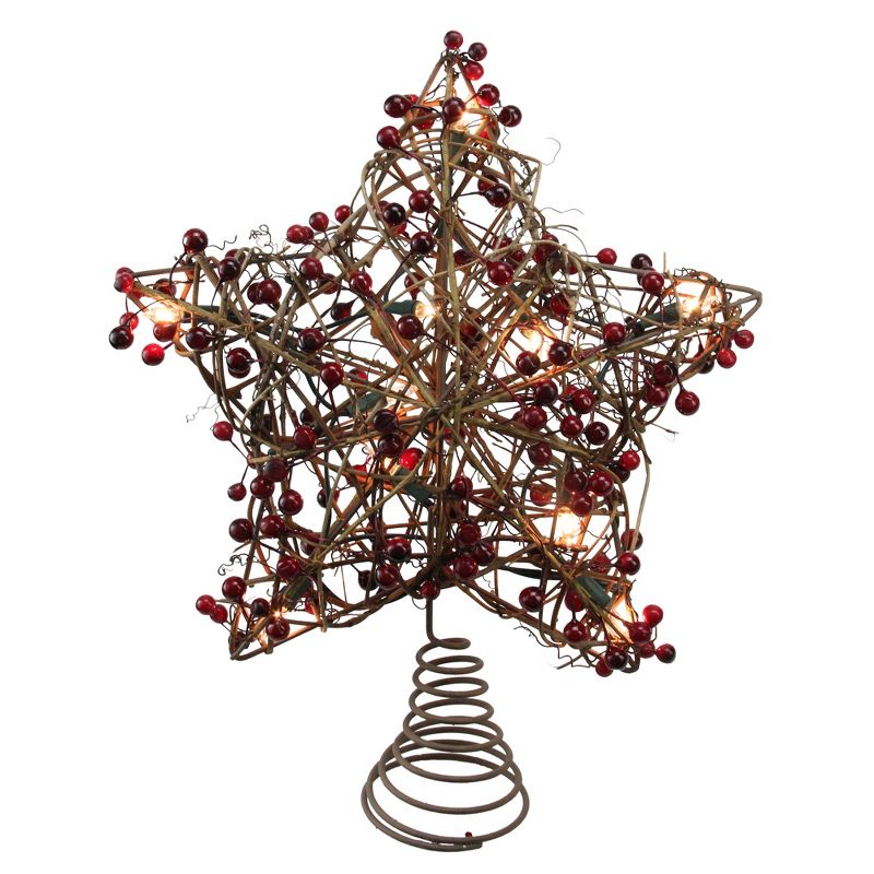 Northlight 13.5" Brown Rattan with Red Berries Star Christmas Tree Topper - Clear Lights, 1 of 4