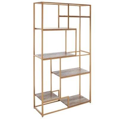 Rege Gold and Wood 7-Shelf Asymmetric Etagere