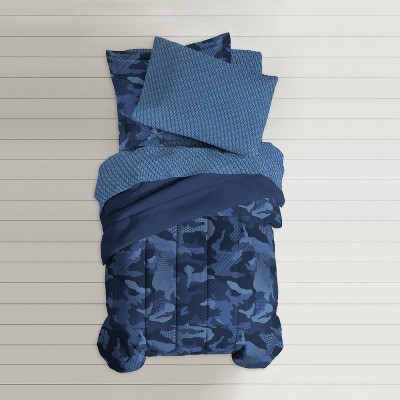 Blue Twin Microfiber Camo Reversible Bed in a Bag Set