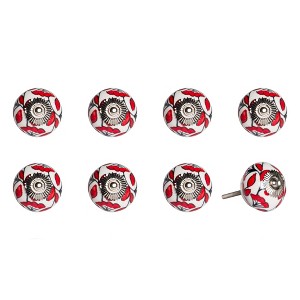 HomeRoots Set of Eight White And Red Ceramic And Metal Drawer Pull Knobs - 1 of 4